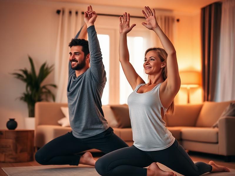 Пара виконує вечірні вправи разом вдома
