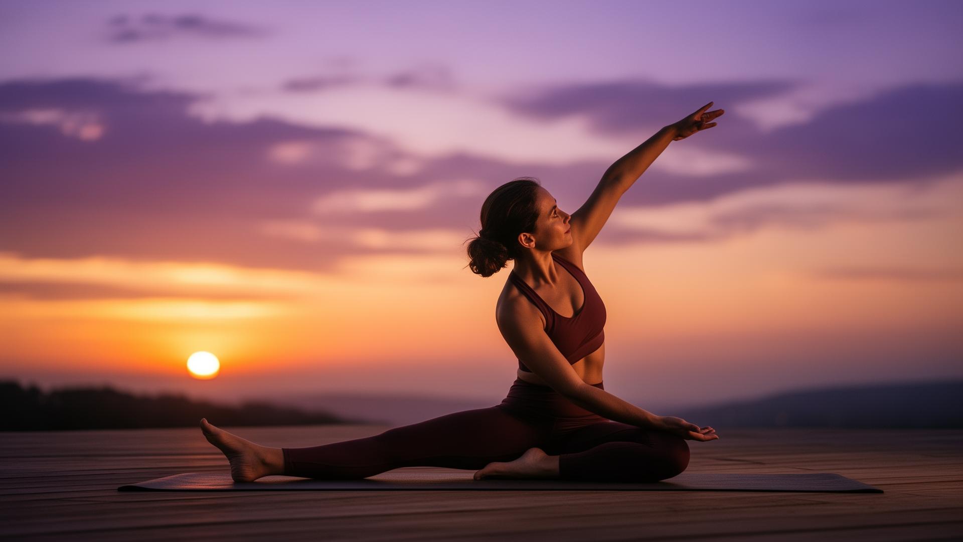 Жінка виконує вечірні вправи на розтяжку на заході сонця